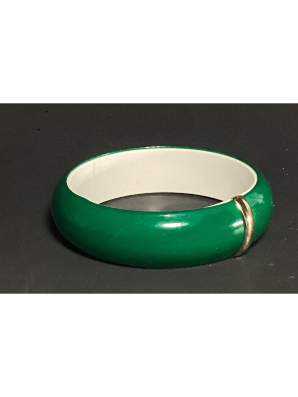 Dark Green and White Domed Lucite Bangle Bracelet with Gold Tone Metal Band